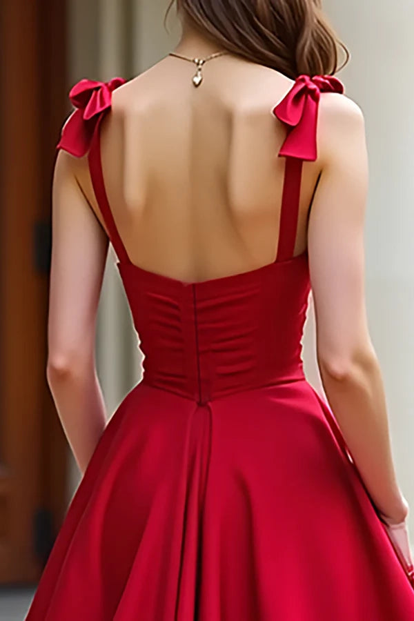 Red A-Line Bow Tie Spaghetti Straps Satin Long Prom Dress simple gentle atmospheric and unique desi Bring summer colors to enhance whiteness