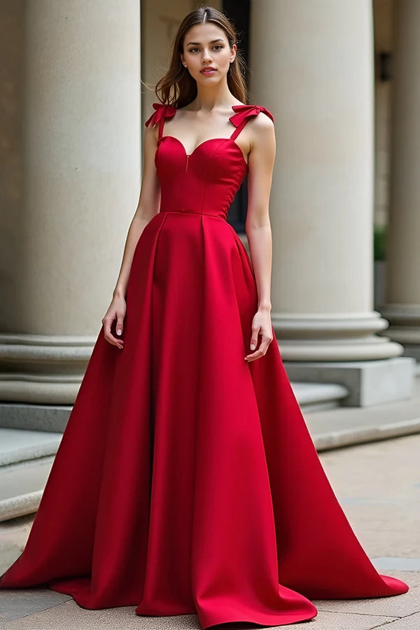 Red A-Line Bow Tie Spaghetti Straps Satin Long Prom Dress simple gentle atmospheric and unique desi Bring summer colors to enhance whiteness