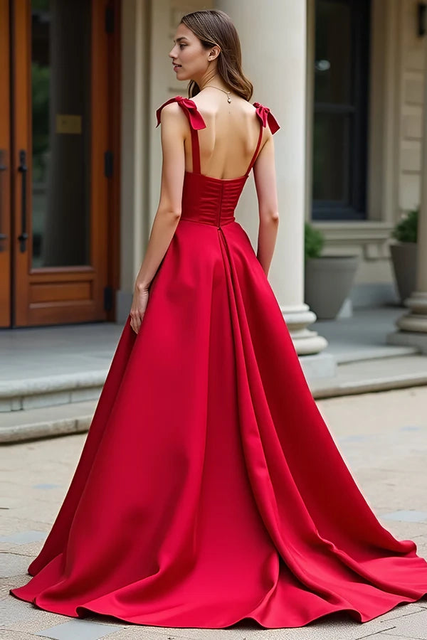 Red A-Line Bow Tie Spaghetti Straps Satin Long Prom Dress simple gentle atmospheric and unique desi Bring summer colors to enhance whiteness