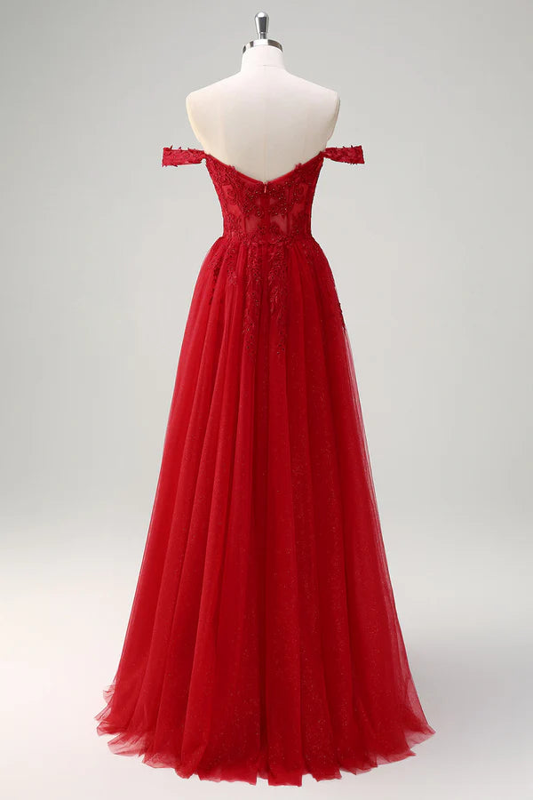 Red A-Line Off the Shoulder Tulle Long Corset Prom Dress with Slit simple gentle atmospheric and unique desi