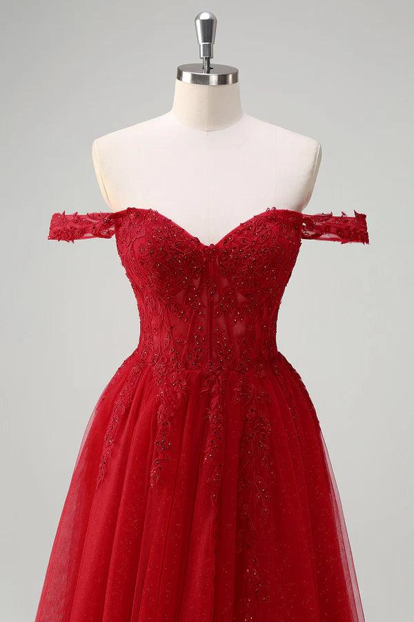 Red A-Line Off the Shoulder Tulle Long Corset Prom Dress with Slit simple gentle atmospheric and unique desi