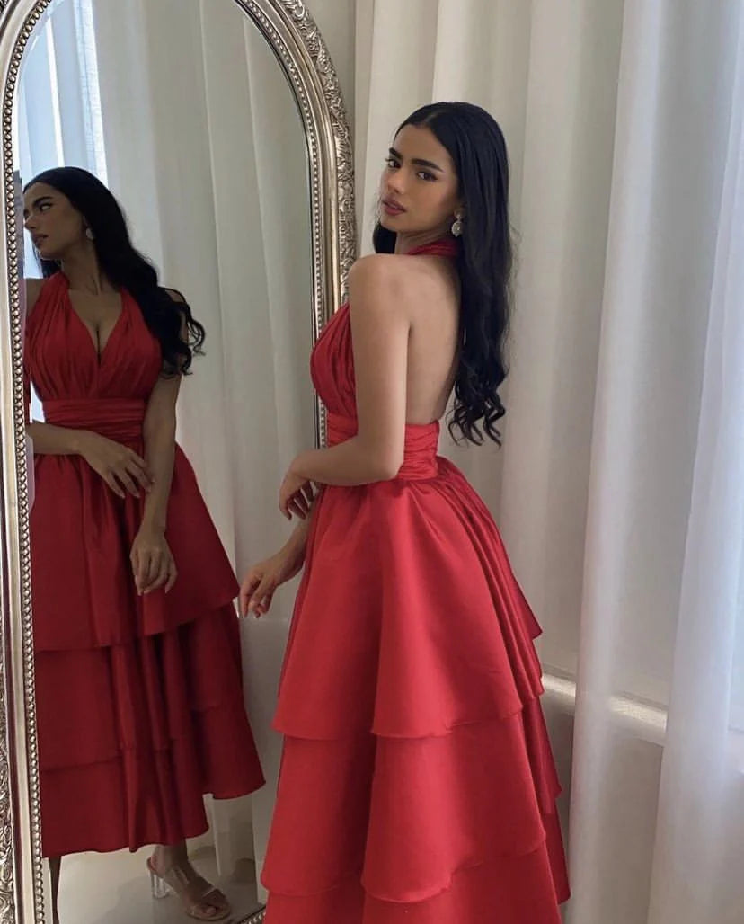 Red A-line Prom Dresses Open Back Satin Evening Party Dress simple gentle atmospheric and unique desi Bring summer colors to enhance whiteness