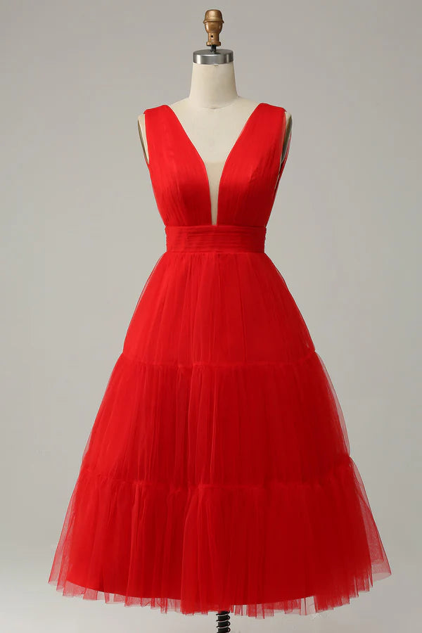 Red A Line Deep V Neck Midi Prom Dress with Open Back Simple gentle atmospheric and unique design