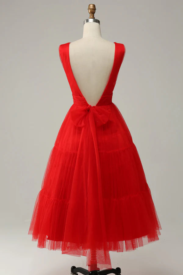 Red A Line Deep V Neck Midi Prom Dress with Open Back Simple gentle atmospheric and unique design