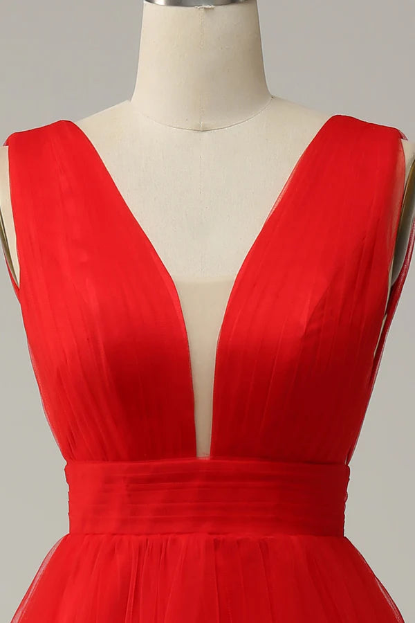 Red A Line Deep V Neck Midi Prom Dress with Open Back Simple gentle atmospheric and unique design