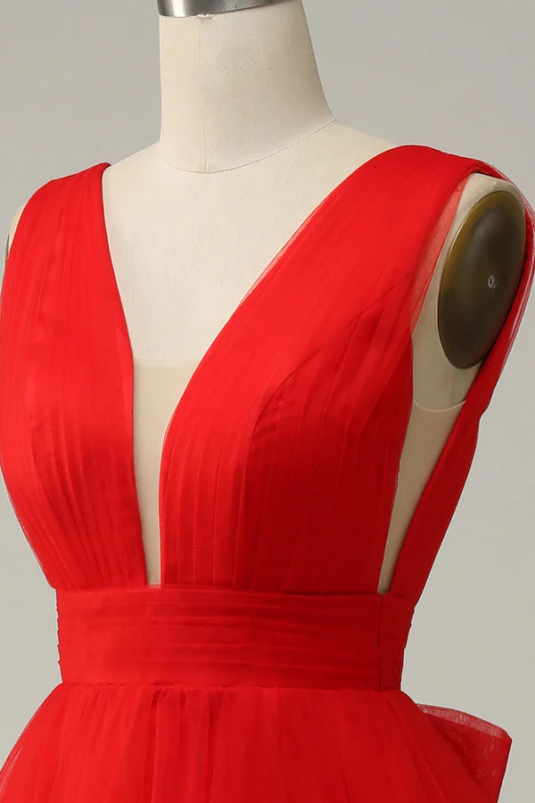 Red A Line Deep V Neck Midi Prom Dress with Open Back Simple gentle atmospheric and unique design