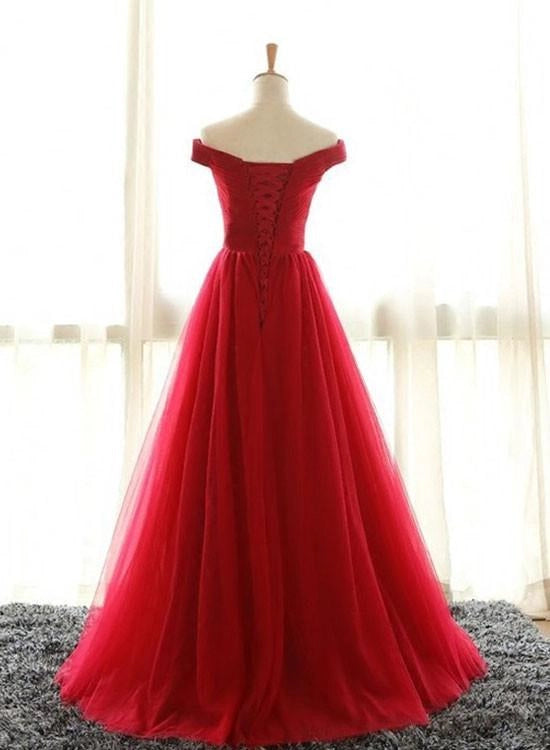 Red A Line Off Shoulder Tulle Prom Dress Formal Graduation Dresses simple gentle atmospheric and unique desi Bring summer colors to enhance whiteness