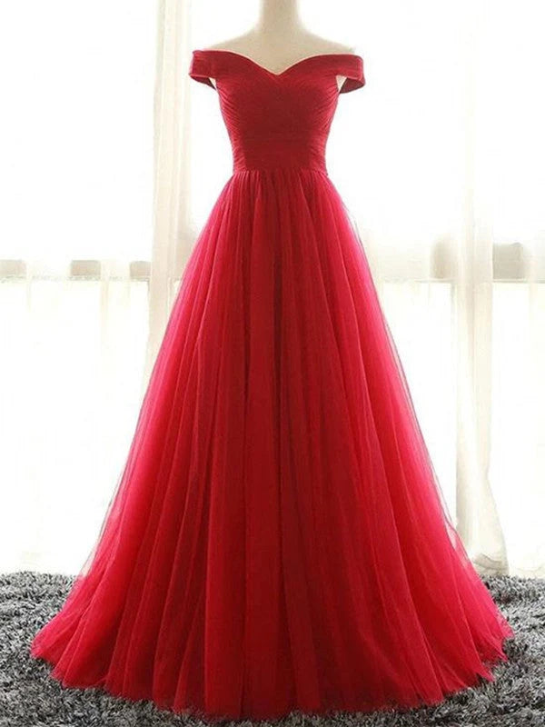 Red A Line Off Shoulder Tulle Prom Dress Formal Graduation Dresses simple gentle atmospheric and unique desi Bring summer colors to enhance whiteness