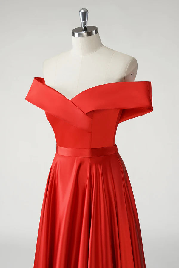 Red A Line Off the Shoulder Ruched Long Prom Dress simple gentle atmospheric and unique desi Bring summer colors to enhance whiteness