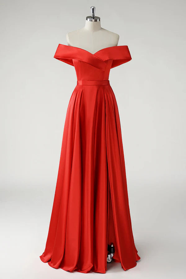 Red A Line Off the Shoulder Ruched Long Prom Dress simple gentle atmospheric and unique desi Bring summer colors to enhance whiteness