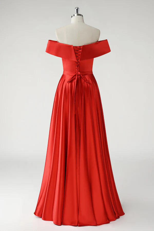 Red A Line Off the Shoulder Ruched Long Prom Dress simple gentle atmospheric and unique desi Bring summer colors to enhance whiteness