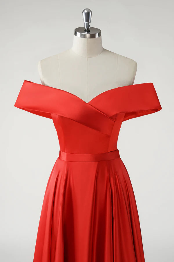 Red A Line Off the Shoulder Ruched Long Prom Dress simple gentle atmospheric and unique desi Bring summer colors to enhance whiteness
