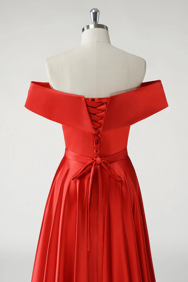 Red A Line Off the Shoulder Ruched Long Prom Dress simple gentle atmospheric and unique desi Bring summer colors to enhance whiteness