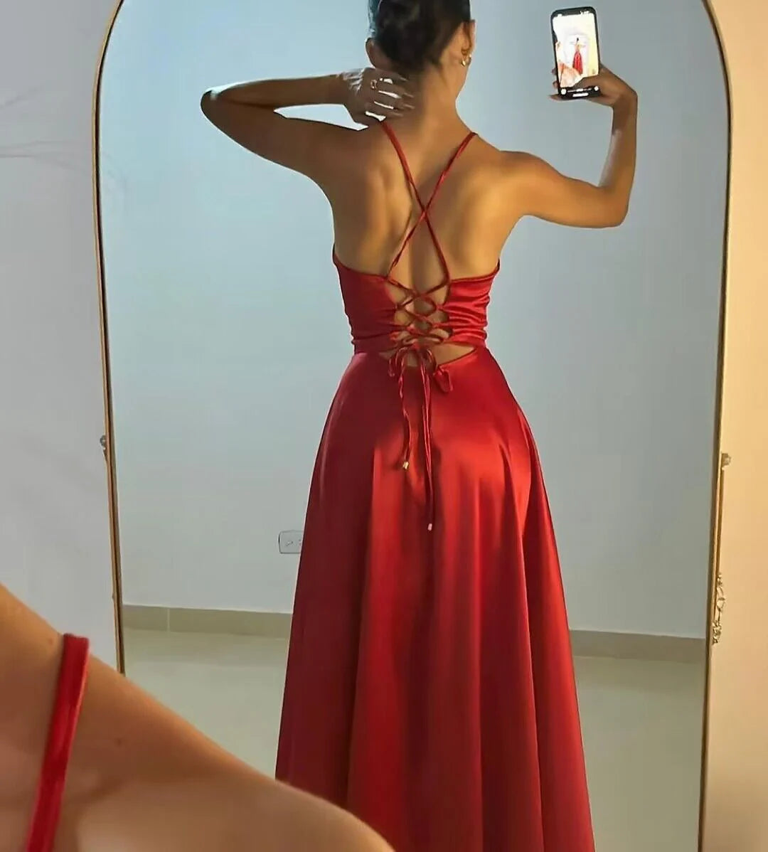 Red A Line Satin Long Prom Dress Formal Party Dresses simple gentle atmospheric and unique desi Bring summer colors to enhance whiteness