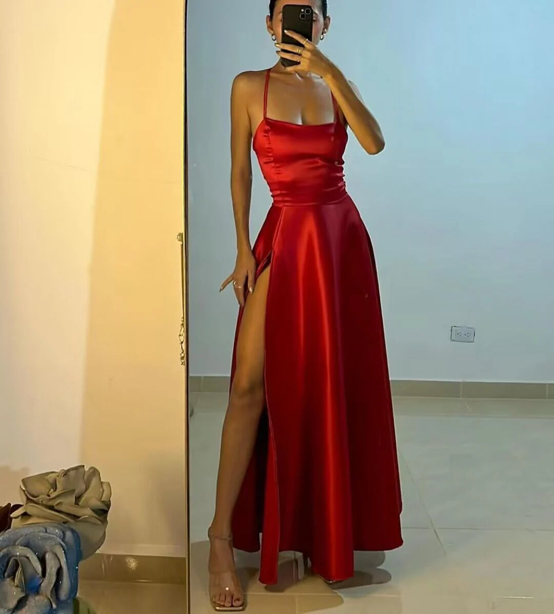 Red A Line Satin Long Prom Dress Formal Party Dresses simple gentle atmospheric and unique desi Bring summer colors to enhance whiteness