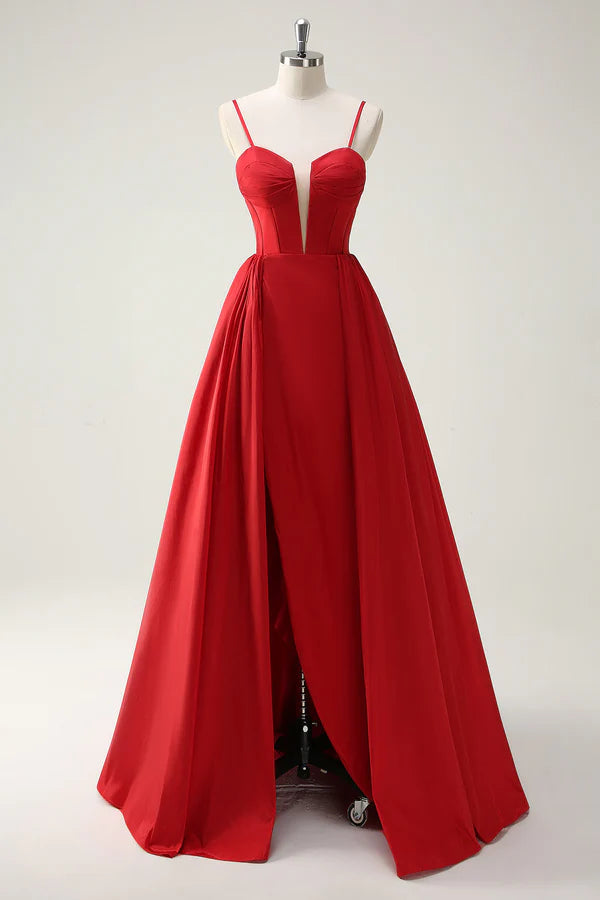 Red Ball-Gown Spaghetti Straps Lace Up Back Long Prom Dress with Slit simple gentle atmospheric and unique desi Bring summer colors to enhance whiteness