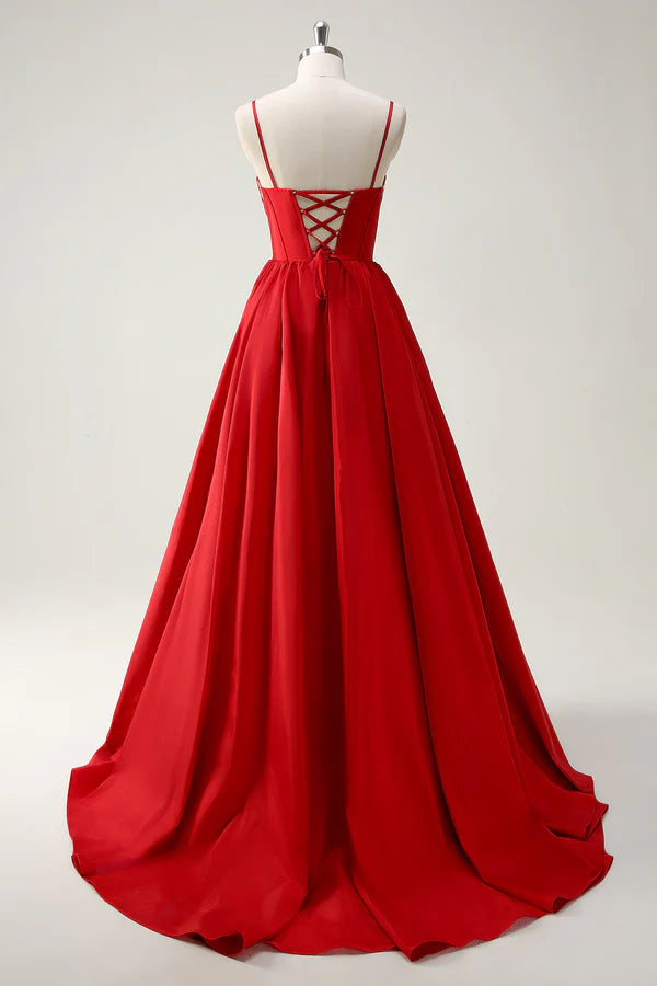 Red Ball-Gown Spaghetti Straps Lace Up Back Long Prom Dress with Slit simple gentle atmospheric and unique desi Bring summer colors to enhance whiteness