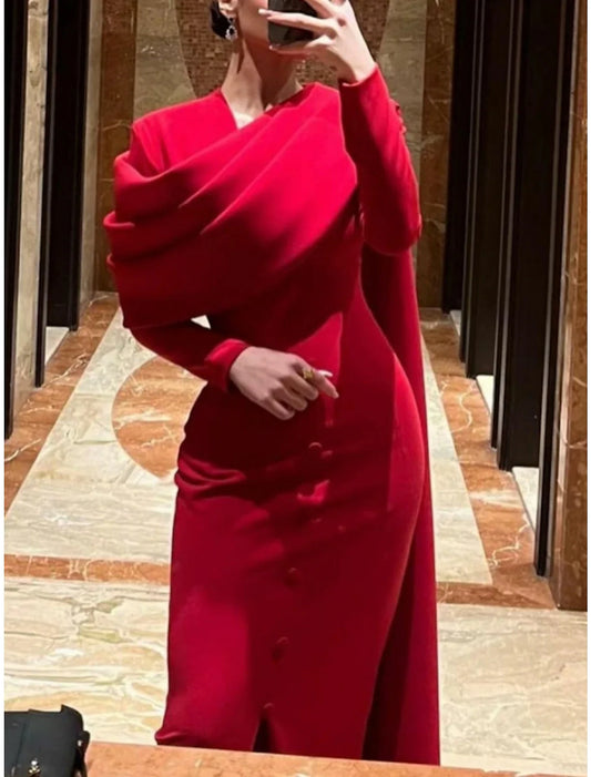 Red Black Christmas Red Green Dress Evening Gown Elegant Cape Dress Formal Fall Sweep / Brush Train Long Sleeve Cowl Neck Stretch Fabric with Buttons Slit simple gentle atmospheric and unique desi Bring summer colors to enhance whiteness