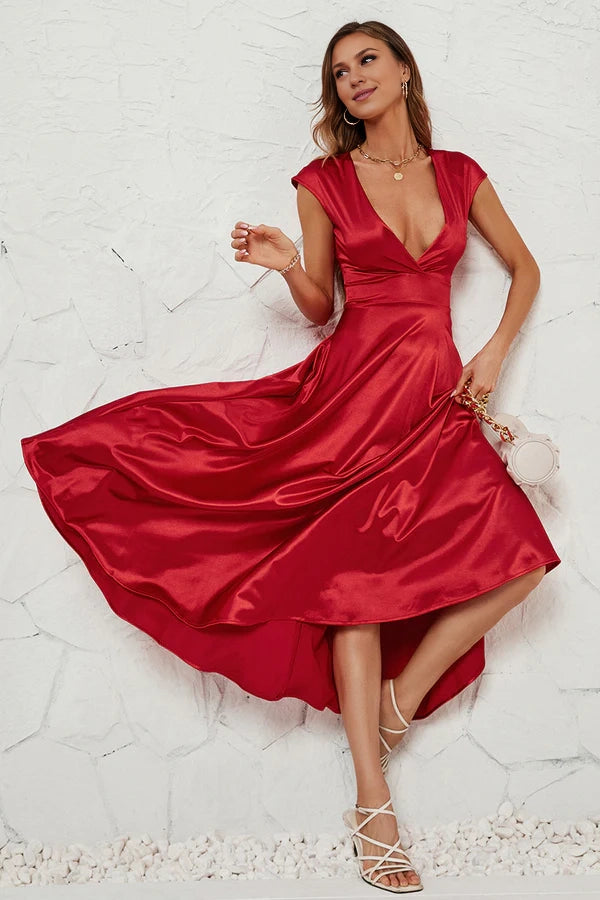 Red Deep V-neck Cap Sleeves Party Dress Simple gentle atmospheric and unique design