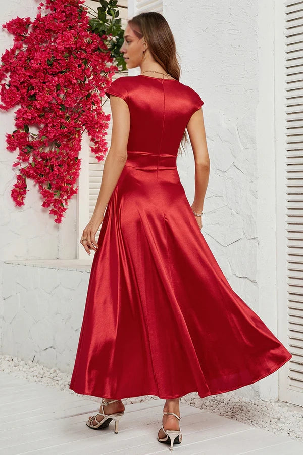Red Deep V-neck Cap Sleeves Party Dress Simple gentle atmospheric and unique design