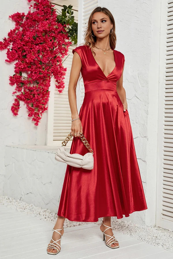 Red Deep V-neck Cap Sleeves Party Dress Simple gentle atmospheric and unique design