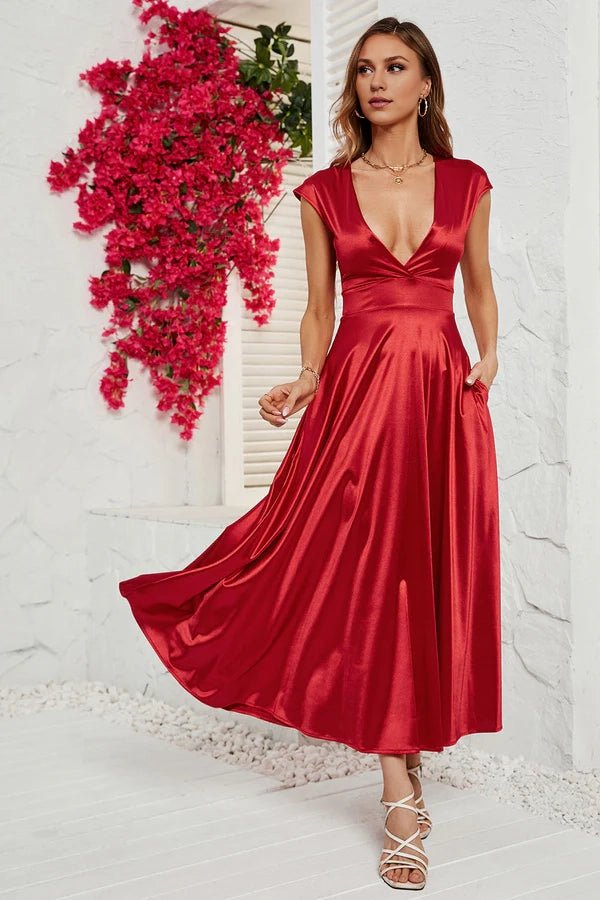 Red Deep V-neck Cap Sleeves Party Dress Simple gentle atmospheric and unique design