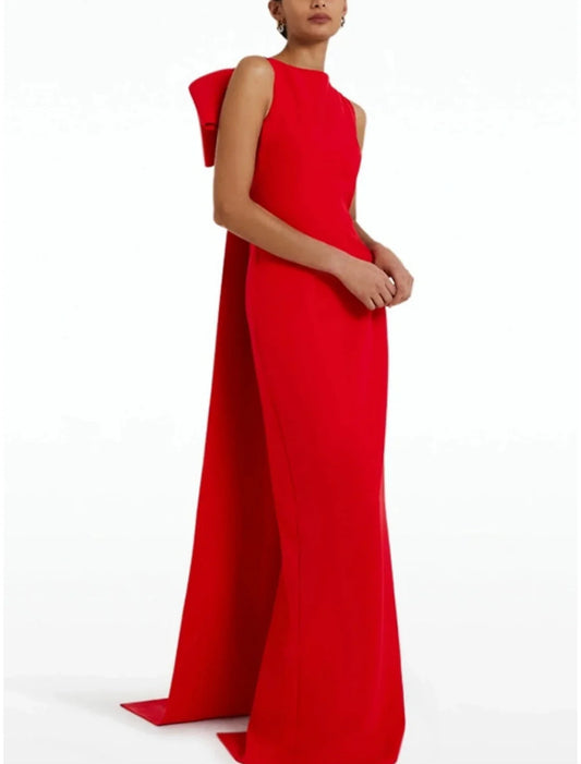Red Green Dress Evening Gown Elegant Dress Formal Sweep / Brush Train Sleeveless Jewel Neck Stretch Fabric with Bow(s) simple gentle atmospheric and unique desi Bring summer colors to enhance whiteness