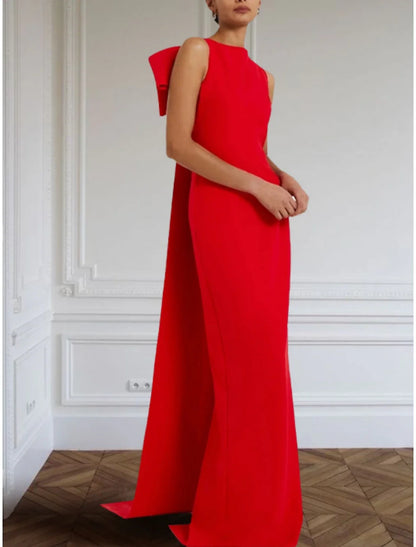 Red Green Dress Evening Gown Elegant Dress Formal Sweep / Brush Train Sleeveless Jewel Neck Stretch Fabric with Bow(s) simple gentle atmospheric and unique desi Bring summer colors to enhance whiteness