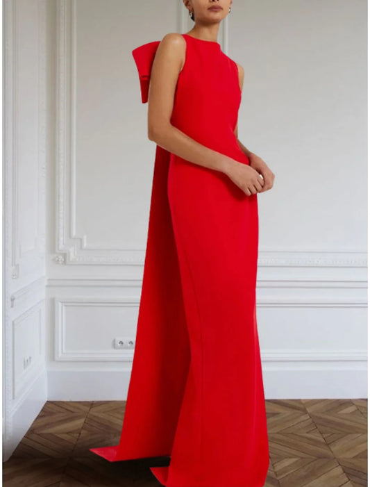 Red Green Dress Evening Gown Elegant Dress Formal Sweep / Brush Train Sleeveless Jewel Neck Stretch Fabric with Bow(s) simple gentle atmospheric and unique desi Bring summer colors to enhance whiteness