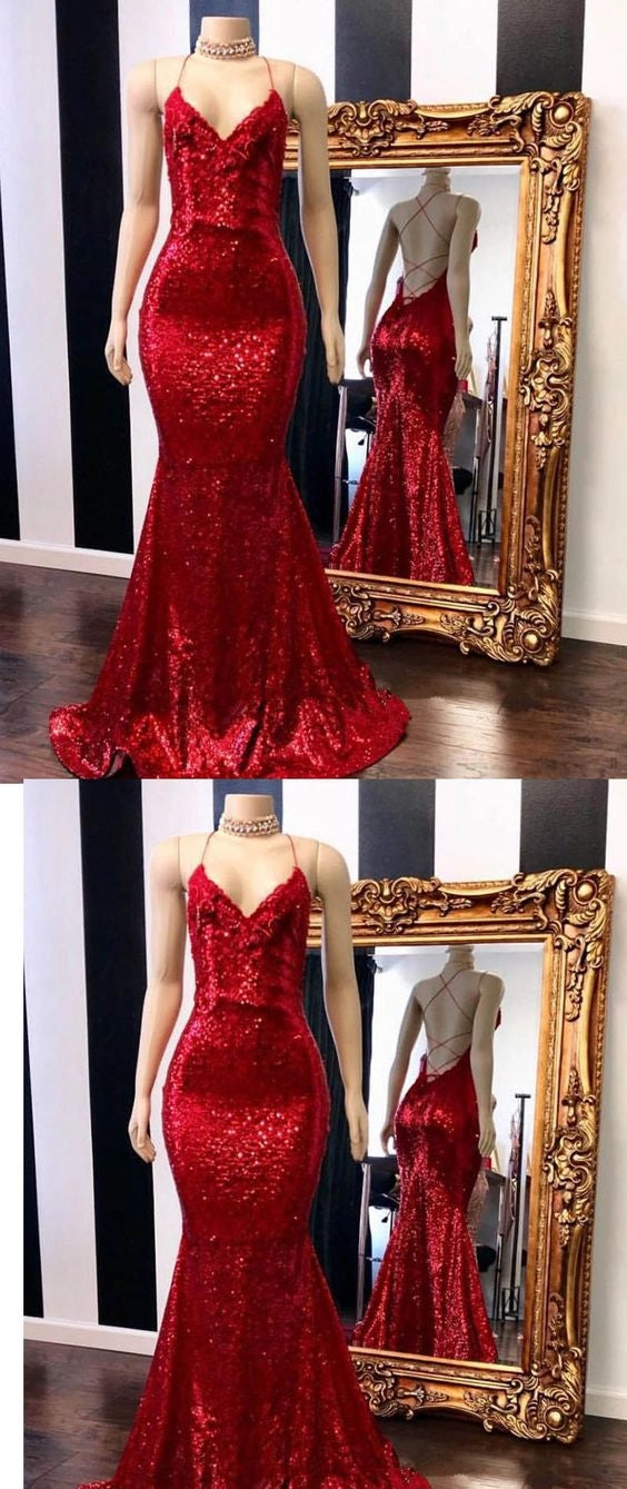 Red Halter Sequins Sparkle Evening Gowns Sexy Mermaid Dresses Long Maxi Dress simple gentle atmospheric and unique desi Bring summer colors to enhance whitenes
