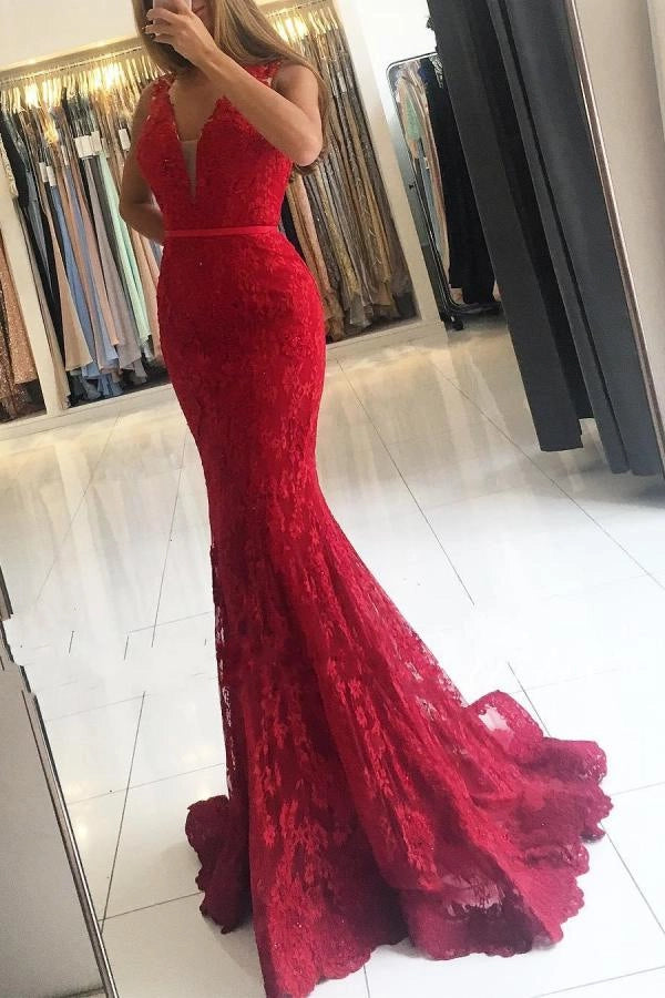 Red Lace Appliques Prom Dress Mermaid Sleeveless Simple gentle atmospheric and unique design