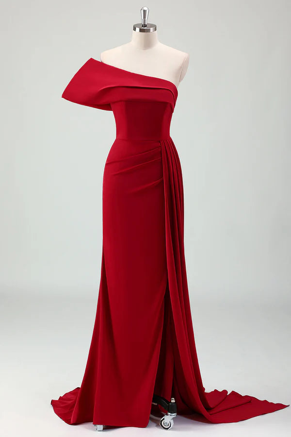 Red Mermaid One Shoulder Pleats Satin Long Prom Dress with Slit simple gentle atmospheric and unique desi