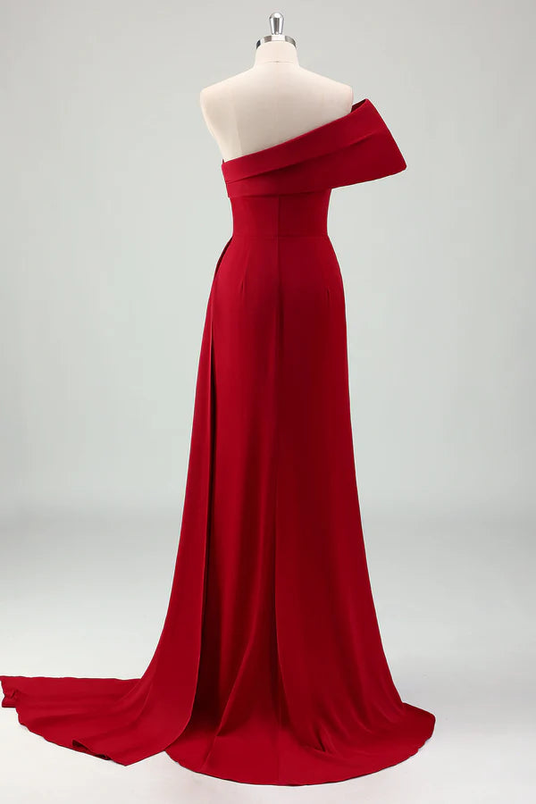 Red Mermaid One Shoulder Pleats Satin Long Prom Dress with Slit simple gentle atmospheric and unique desi