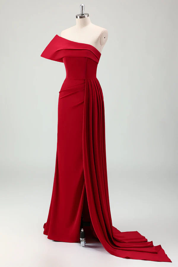 Red Mermaid One Shoulder Pleats Satin Long Prom Dress with Slit simple gentle atmospheric and unique desi