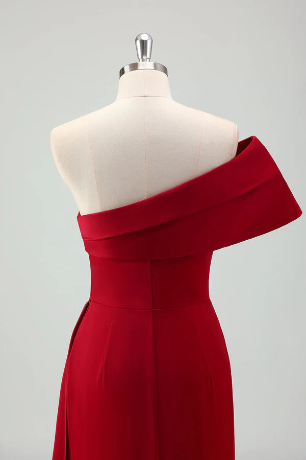 Red Mermaid One Shoulder Pleats Satin Long Prom Dress with Slit simple gentle atmospheric and unique desi