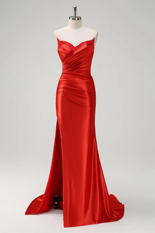 Red Mermaid Satin Strapless Pleated Sequin Long Prom Dress with Slit  simple gentle atmospheric and unique desi
