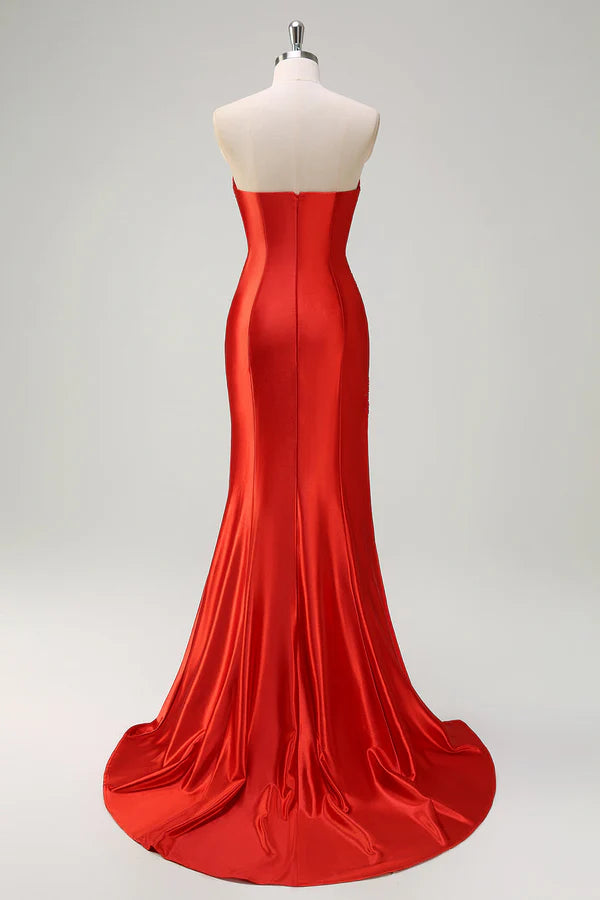 Red Mermaid Satin Strapless Pleated Sequin Long Prom Dress with Slit  simple gentle atmospheric and unique desi