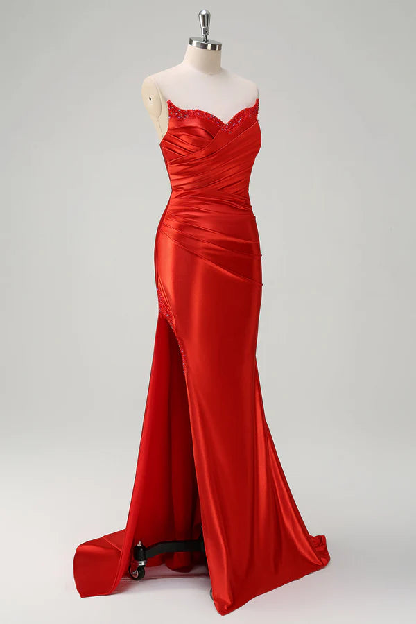 Red Mermaid Satin Strapless Pleated Sequin Long Prom Dress with Slit  simple gentle atmospheric and unique desi
