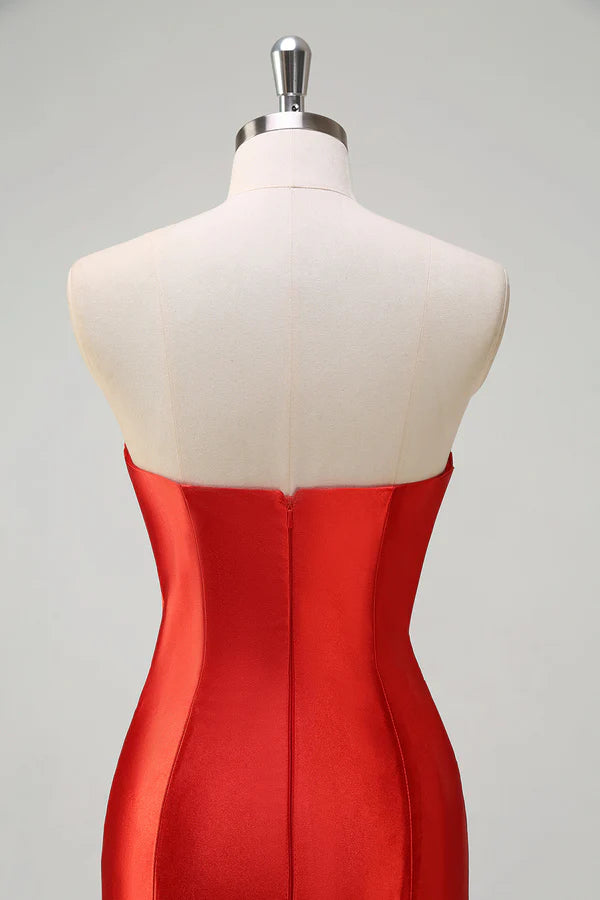 Red Mermaid Satin Strapless Pleated Sequin Long Prom Dress with Slit  simple gentle atmospheric and unique desi