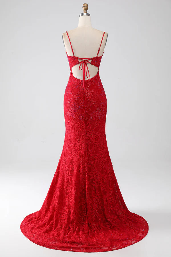 Red Mermaid Spaghetti Straps Beaded Lace Applique Prom Dress With Slit simple gentle atmospheric and unique desi