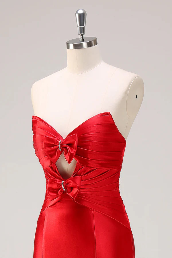 Red Mermaid Strapless Cut Out Ruched Long Prom Dress with Bows simple gentle atmospheric and unique desi