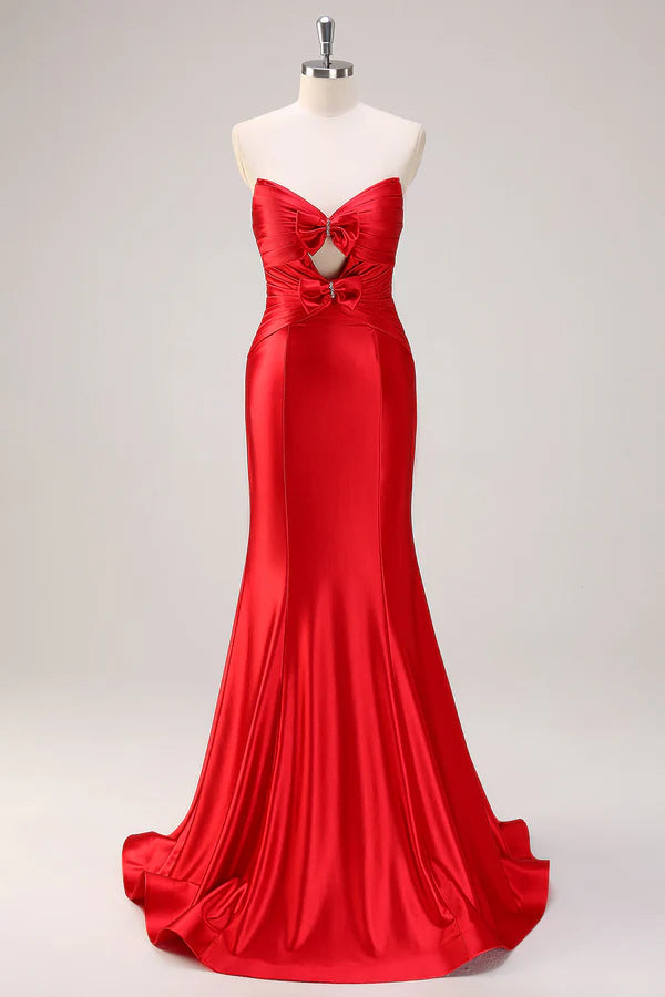 Red Mermaid Strapless Cut Out Ruched Long Prom Dress with Bows simple gentle atmospheric and unique desi