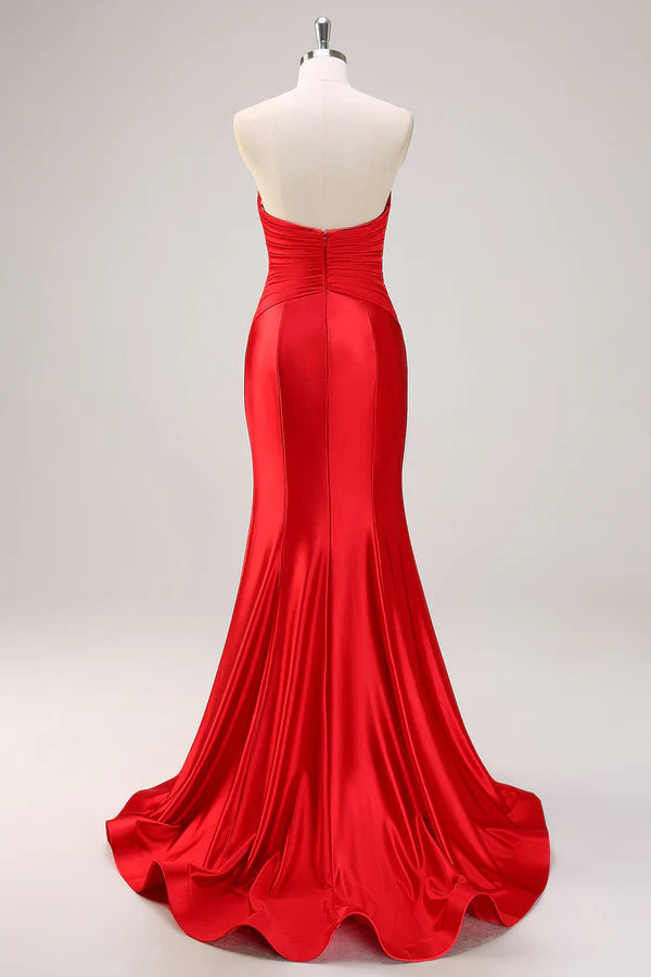 Red Mermaid Strapless Cut Out Ruched Long Prom Dress with Bows simple gentle atmospheric and unique desi