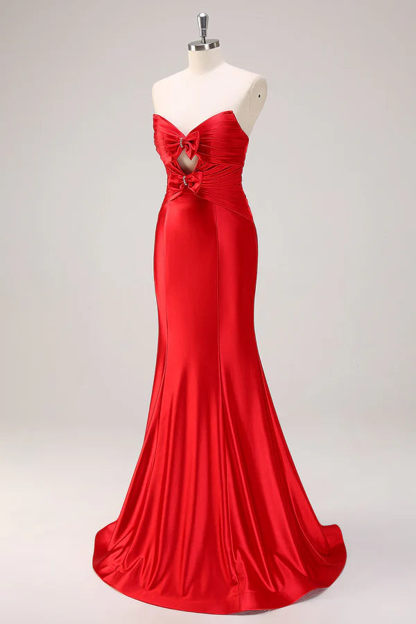 Red Mermaid Strapless Cut Out Ruched Long Prom Dress with Bows simple gentle atmospheric and unique desi