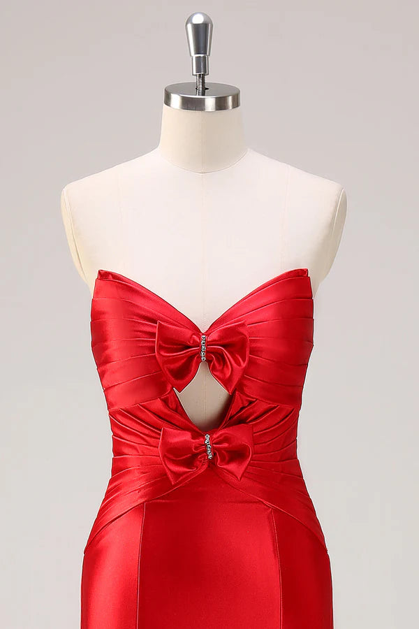 Red Mermaid Strapless Cut Out Ruched Long Prom Dress with Bows simple gentle atmospheric and unique desi