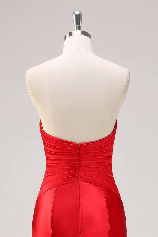 Red Mermaid Strapless Cut Out Ruched Long Prom Dress with Bows simple gentle atmospheric and unique desi
