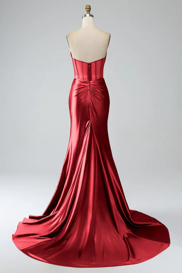 Red Mermaid Strapless Pleated Corset Long Prom Dress with Slit Split Front spheric and unique desigentle atmospheric and unique desi