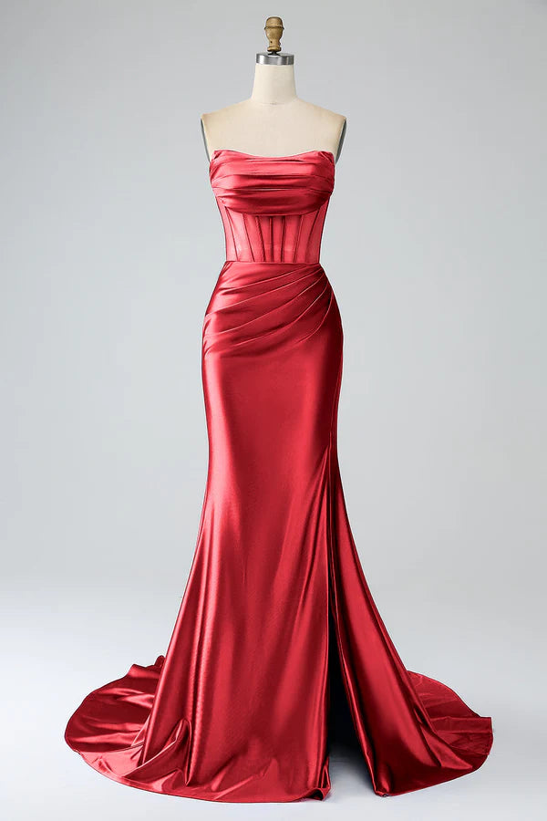 Red Mermaid Strapless Pleated Corset Long Prom Dress with Slit Split Front spheric and unique desigentle atmospheric and unique desi