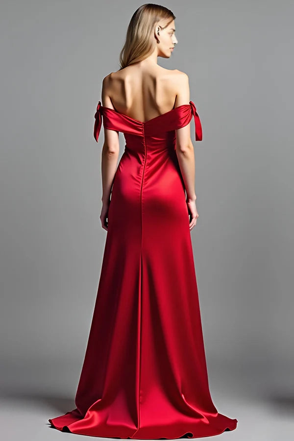 Red Off the Shoulder Satin Long Prom Dress with Slit simple gentle atmospheric and unique desi Bring summer colors to enhance whiteness