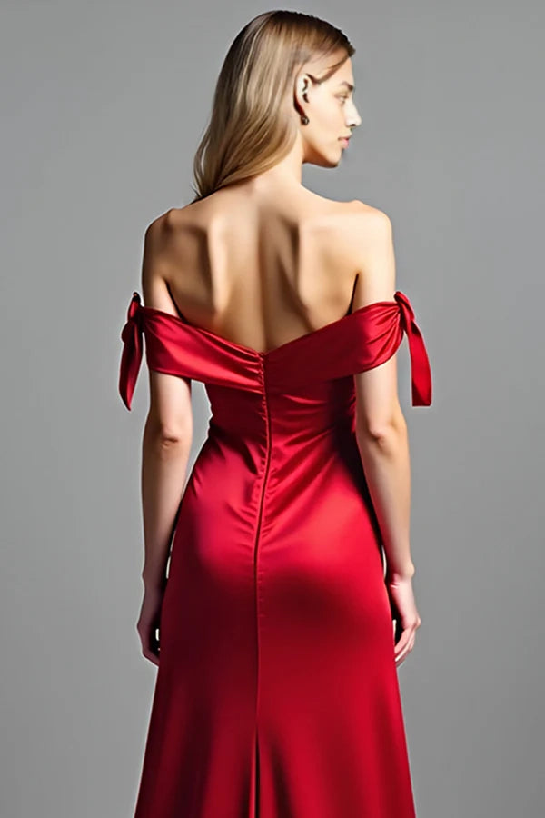 Red Off the Shoulder Satin Long Prom Dress with Slit simple gentle atmospheric and unique desi Bring summer colors to enhance whiteness
